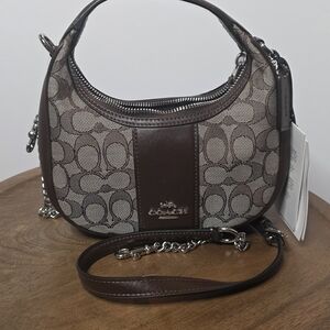 Coach Brown Signature Jacquard Crossbody with Leather Trim